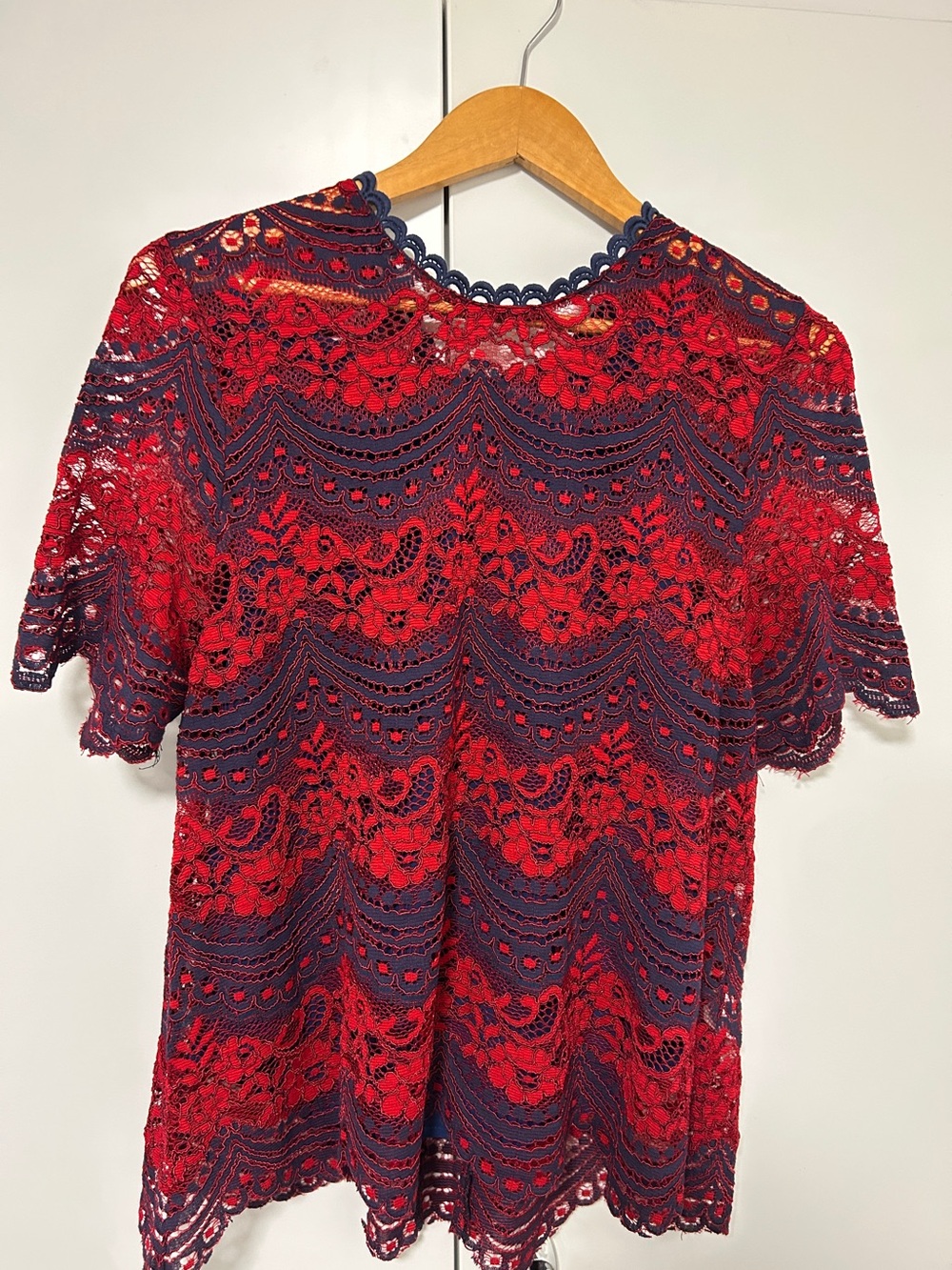Anthropologies Foxiedox Lace Up Back Short Sleeves in Red - Blue Crewneck Large